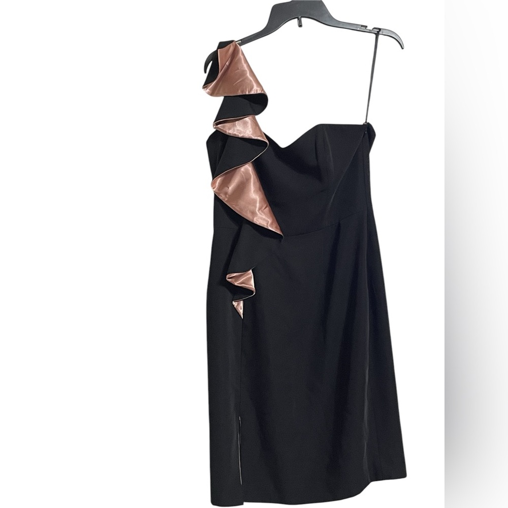 LAUNDRY BY SHELLI SEGAL One Shoulder Black Dress 8 Pink Ruffle‎ Wedding Formal